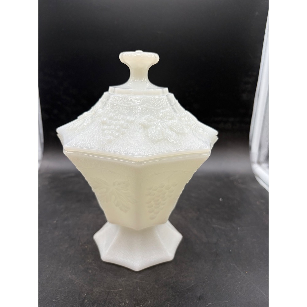 Westmoreland Milk Glass Paneled Grape Candy Dish with Lid Vintage Octagonal 8.5"